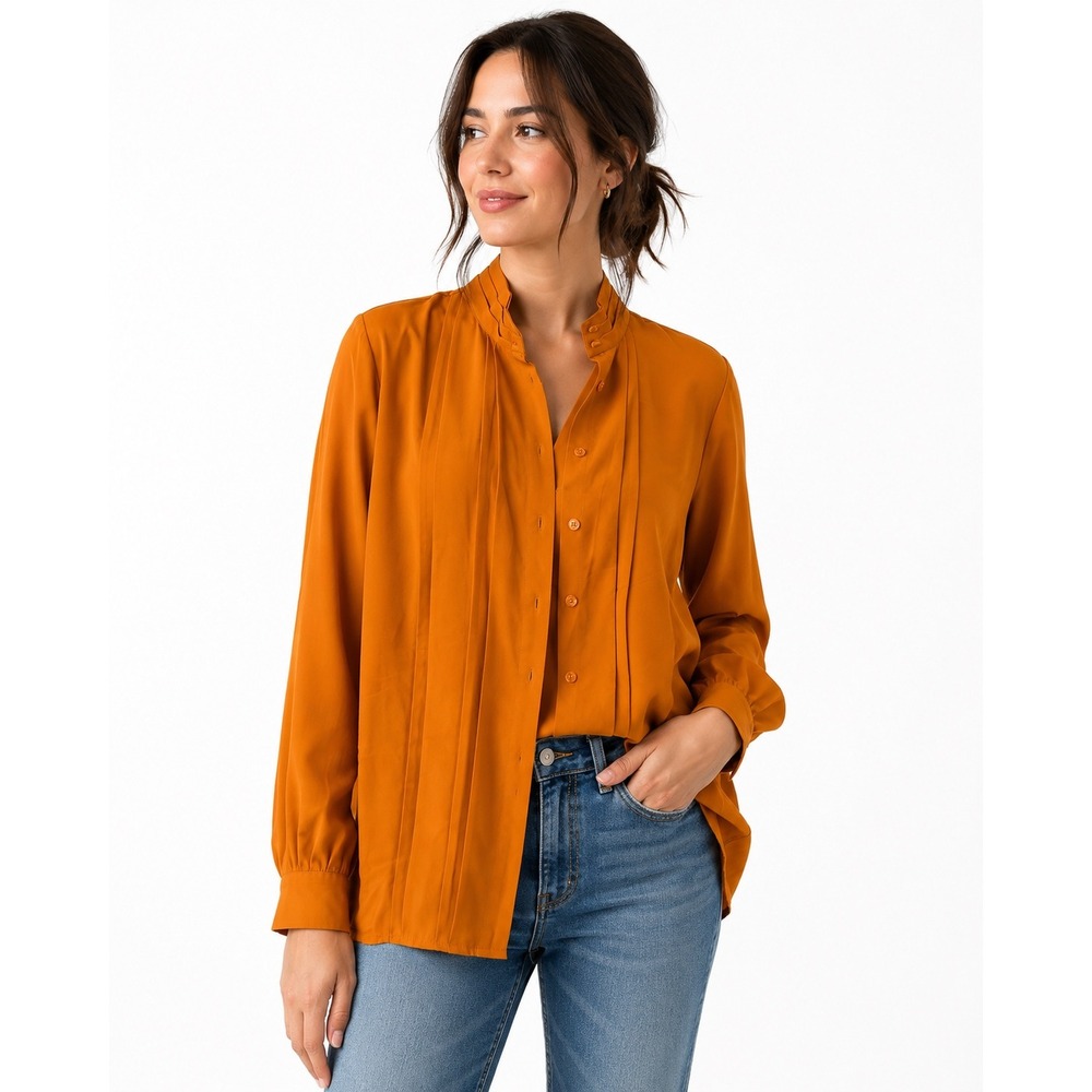 Hill Archer Button Down Blouse Womens Size 10 Orange Pleated High Neck Retro Top